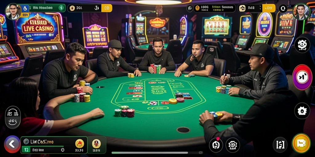 Screenshot gameplay Live Casino yang menampilkan dealer dan pemain.