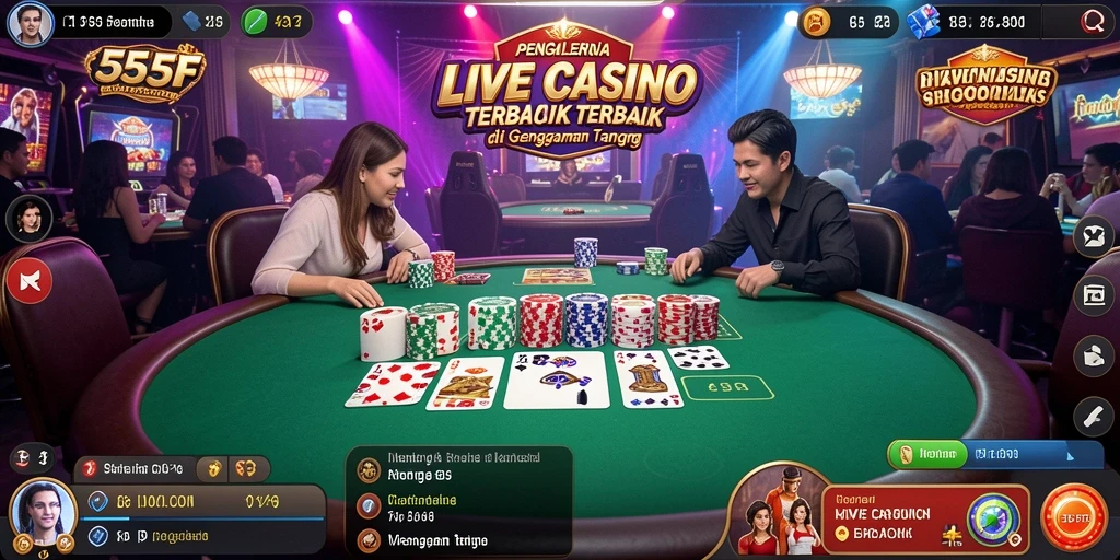 Tangkapan layar 555F menunjukkan dealer langsung dalam permainan kasino.
