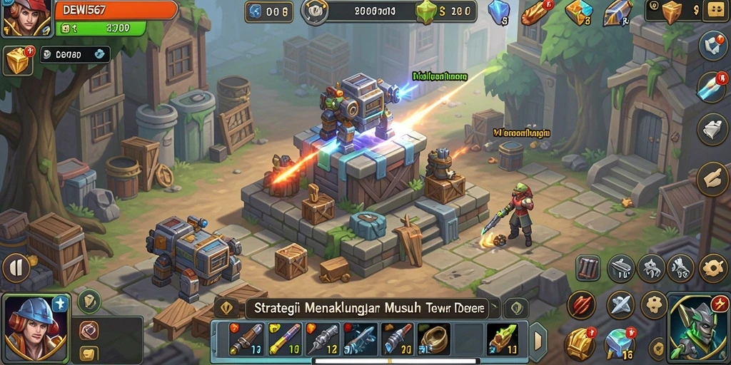 Gameplay menegangkan dalam DEWI567 dengan menara yang strategis.