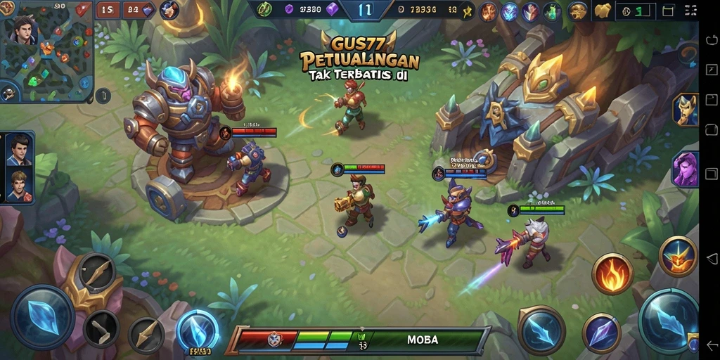 Tangkapan layar utama GUS77 menampilkan aksi laga yang seru di arena MOBA.