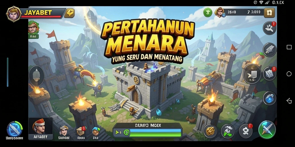 Screenshot gameplay JAYABET yang menampilkan pertahanan menara yang strategis.