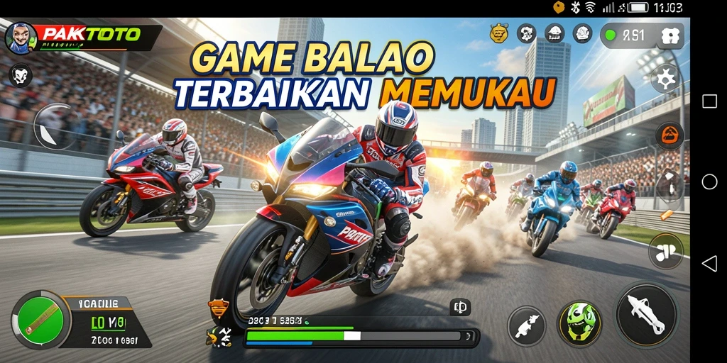Screenshot utama PAKTOTO menampilkan aksi balap motor yang mendebarkan.
