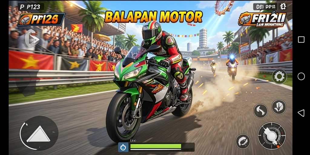 Tampilan gameplay PP123 yang mendebarkan dan penuh aksi balap motor.